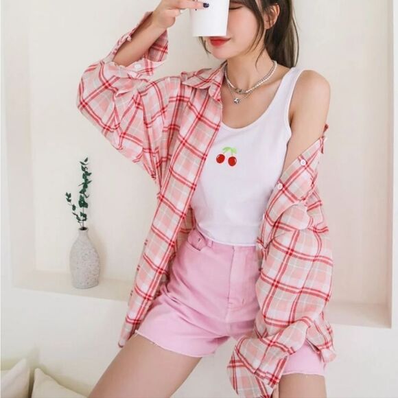 Plaid Button Front Longline Shirt Like New - Picture 1 of 5